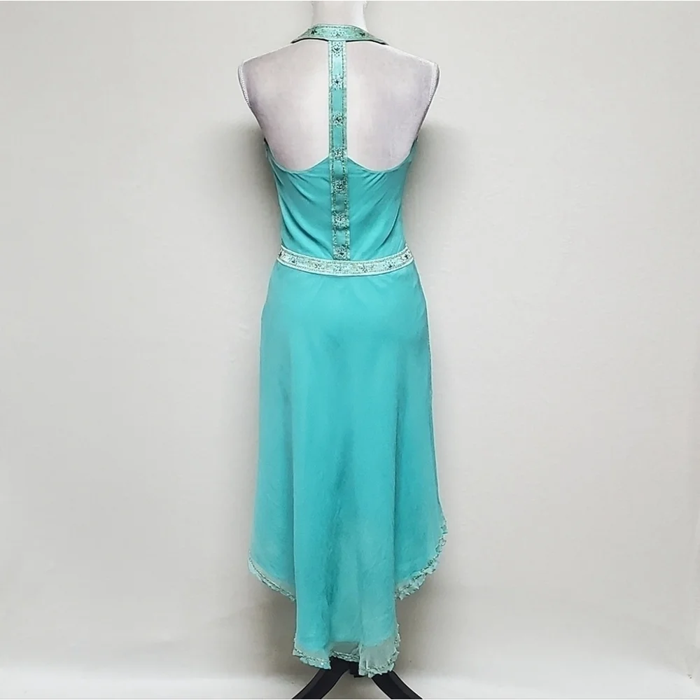 Vintage 90s Laundry by Shelli Segal Aqua Silk Chiffon Sequin T-Back Hi-low Dress - Picture 11 of 16
